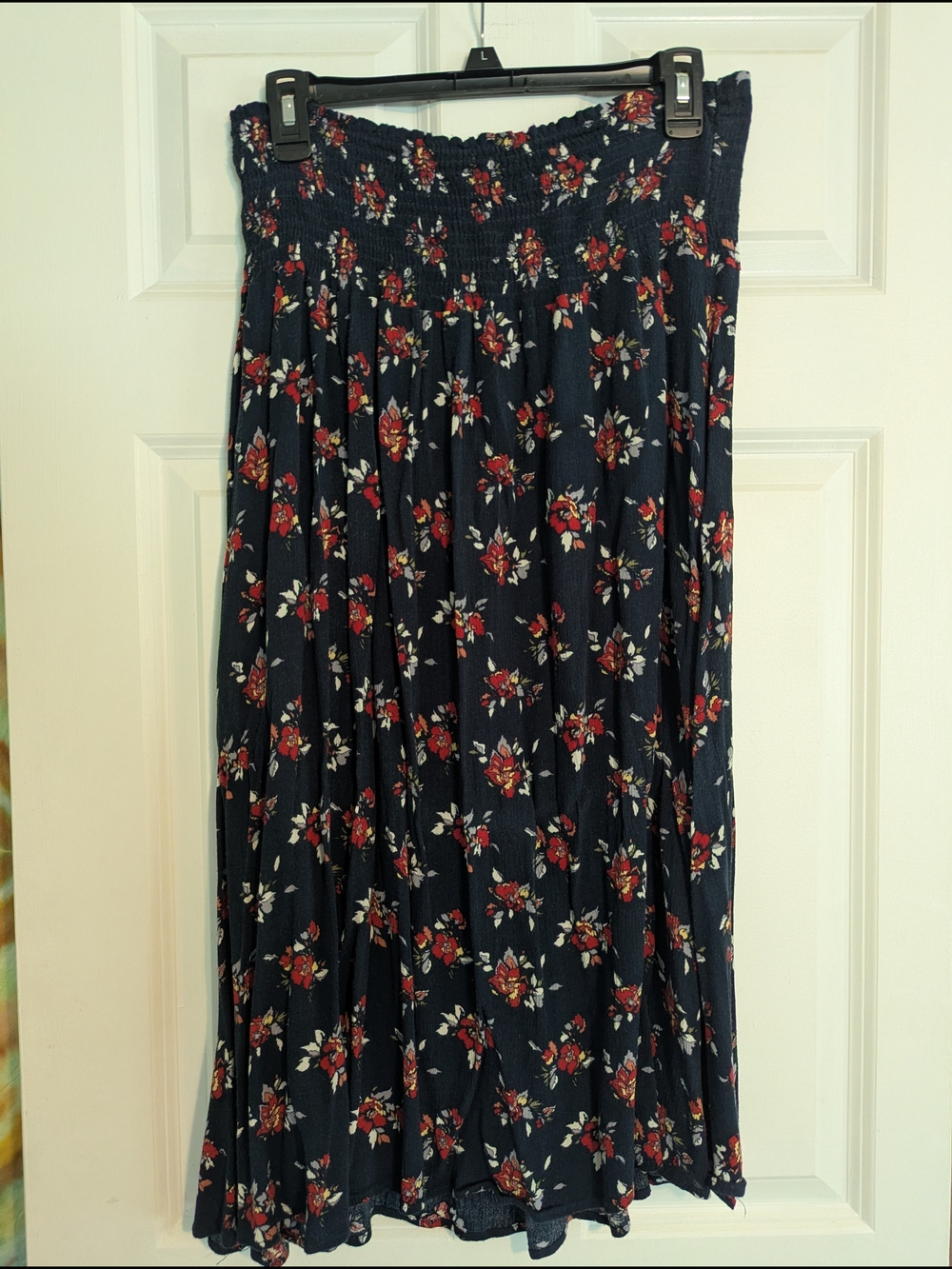 Susina Navy Midi Skirt with Red Floral Print